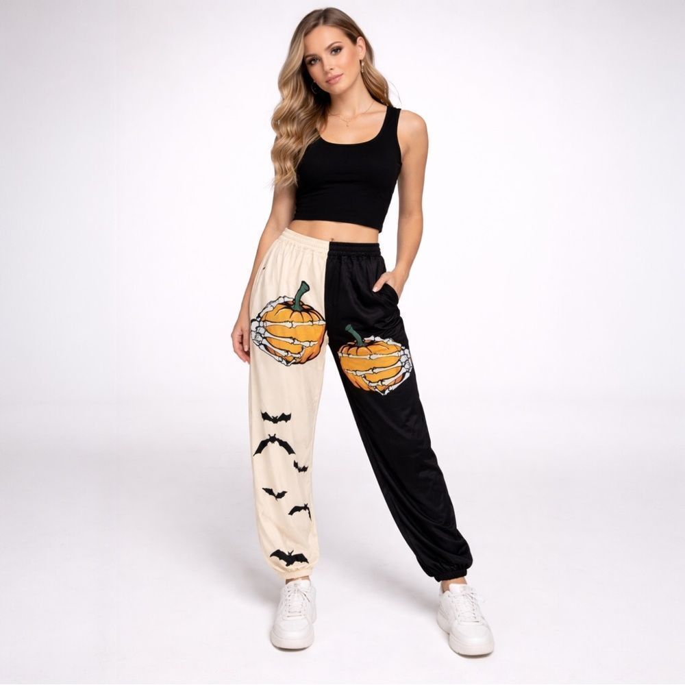 SHEIN Two-Tone Pumpkin Print Jogger Pants Black & Cream Halloween pumpkin bats M